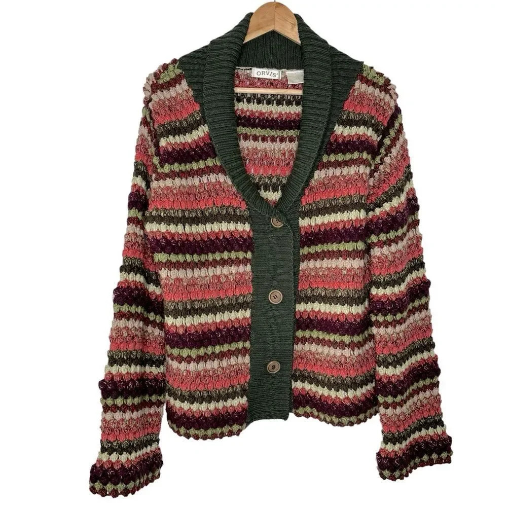 Orvis Vintage Y2K Green Pink Striped‎ Wide Sleeve Collard Knit Cardigan Size S